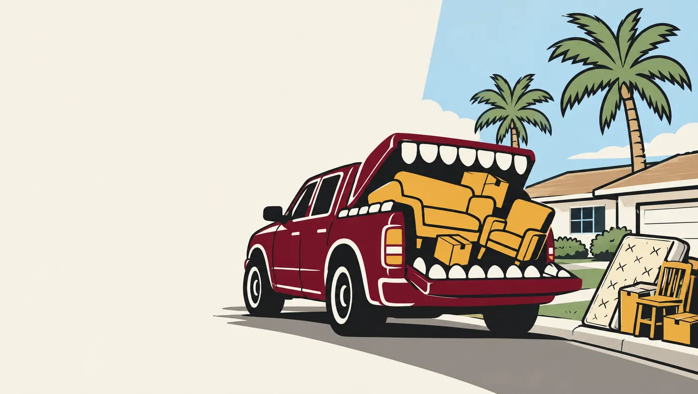Illustration: the Big Mouth truck swallowing a couch and boxes outside a Broward home